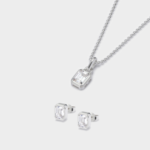 Mini Solitaire Pendant + Emerald Cut Stud Earring