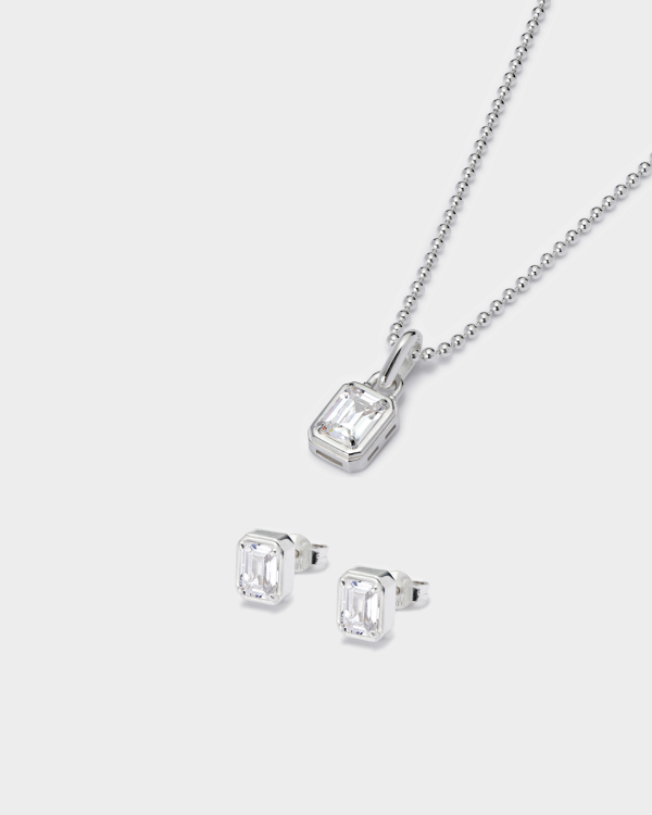 Mini Solitaire Pendant + Emerald Cut Stud Earring