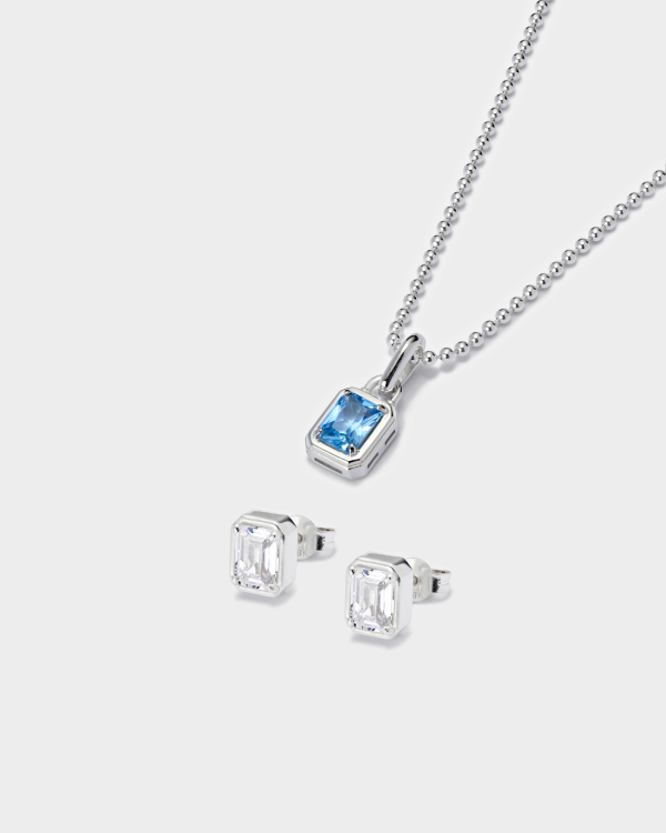 Mini Solitaire Pendant + Emerald Cut Stud Earring