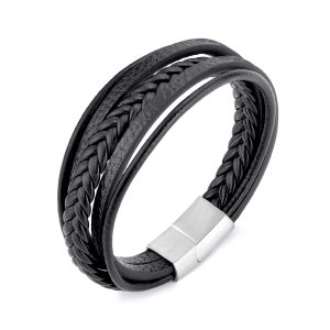 Men's Genuine Black Leather Bracelet with Stainless Steel Clasp