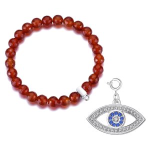 Faceted Carnelian Gemstone Stretch Bracelet with Charm Created with Zircondia® Crystals