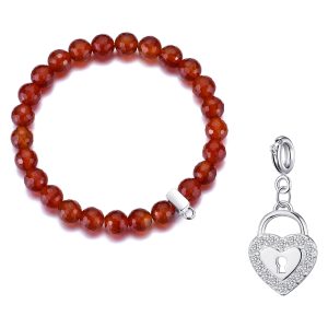 Faceted Carnelian Gemstone Stretch Bracelet with Charm Created with Zircondia® Crystals