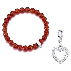 Faceted Carnelian Gemstone Stretch Bracelet with Charm Created with Zircondia® Crystals