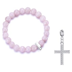 Faceted Rose Quartz Gemstone Stretch Bracelet with Charm Created with Zircondia® Crystals