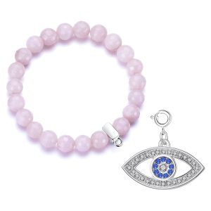 Faceted Rose Quartz Gemstone Stretch Bracelet with Charm Created with Zircondia® Crystals