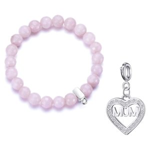 Faceted Rose Quartz Gemstone Stretch Bracelet with Charm Created with Zircondia® Crystals