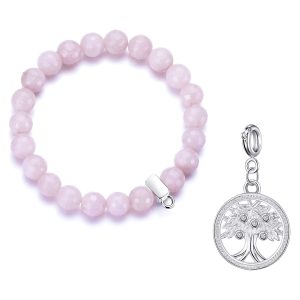 Faceted Rose Quartz Gemstone Stretch Bracelet with Charm Created with Zircondia® Crystals