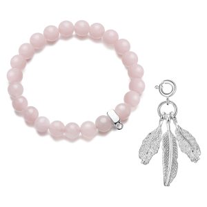 Feathers Rose Quartz Gemstone Charm Bracelet