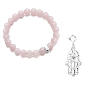 Hamsa Hand Rose Quartz Gemstone Charm Bracelet