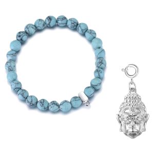 Faceted Synthetic Turquoise Gemstone Stretch Bracelet with Charm Created with Zircondia® Crystals