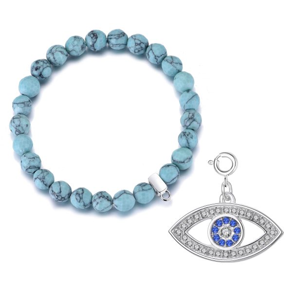 Faceted Synthetic Turquoise Gemstone Stretch Bracelet with Charm Created with Zircondia® Crystals