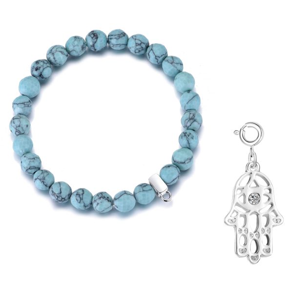 Faceted Synthetic Turquoise Gemstone Stretch Bracelet with Charm Created with Zircondia® Crystals