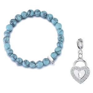 Faceted Synthetic Turquoise Gemstone Stretch Bracelet with Charm Created with Zircondia® Crystals