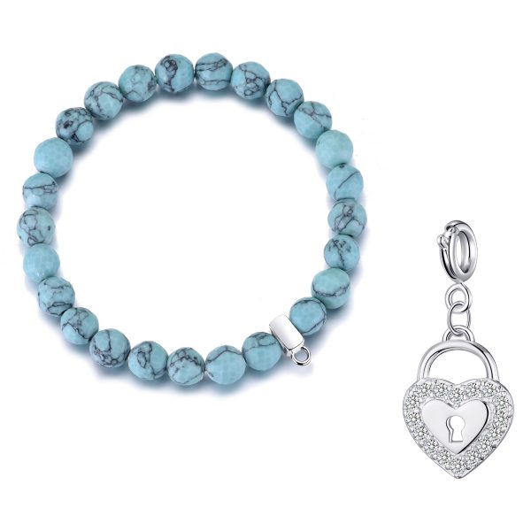 Faceted Synthetic Turquoise Gemstone Stretch Bracelet with Charm Created with Zircondia® Crystals