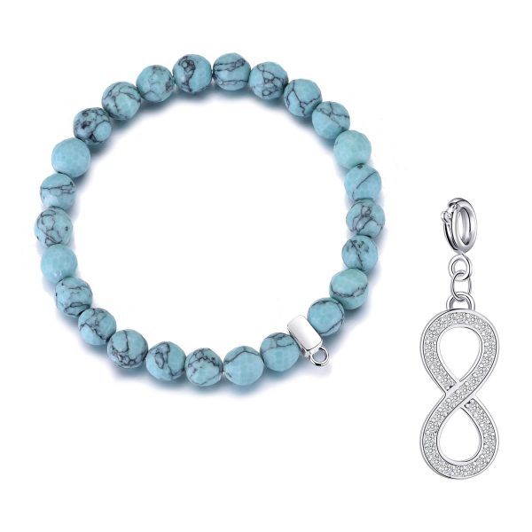 Faceted Synthetic Turquoise Gemstone Stretch Bracelet with Charm Created with Zircondia® Crystals