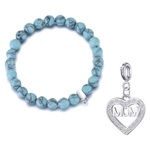 Faceted Synthetic Turquoise Gemstone Stretch Bracelet with Charm Created with Zircondia® Crystals