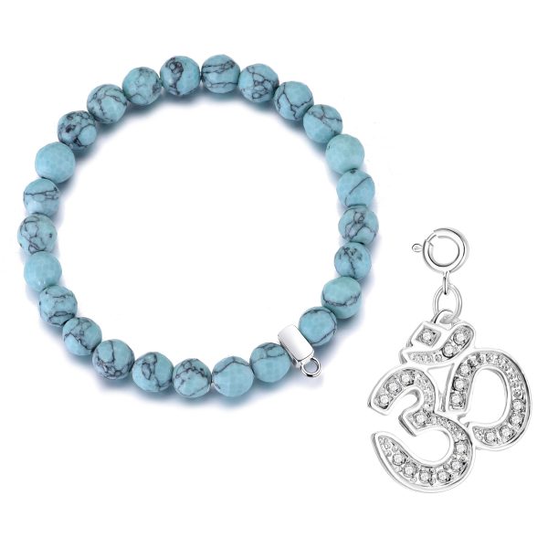 Faceted Synthetic Turquoise Gemstone Stretch Bracelet with Charm Created with Zircondia® Crystals