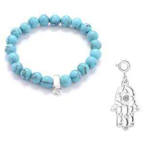 Hamsa Hand Synthetic Turquoise Gemstone Charm Bracelet