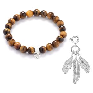 Feathers Tiger's Eye Gemstone Charm Bracelet