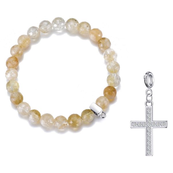 Faceted Yellow Quartz Gemstone Stretch Bracelet with Charm Created with Zircondia® Crystals