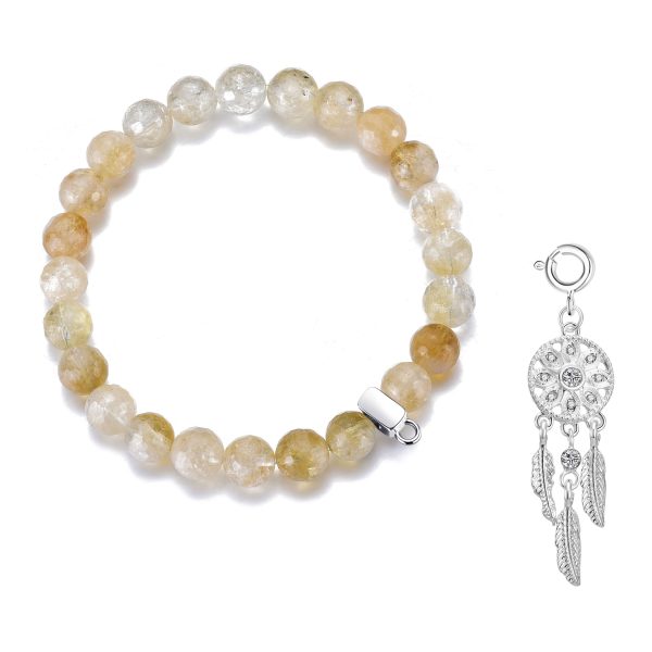 Faceted Yellow Quartz Gemstone Stretch Bracelet with Charm Created with Zircondia® Crystals