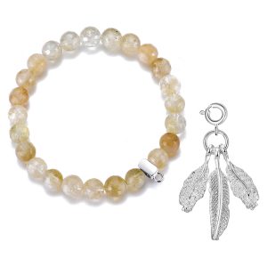 Faceted Yellow Quartz Gemstone Stretch Bracelet with Charm Created with Zircondia® Crystals