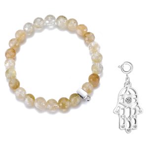 Faceted Yellow Quartz Gemstone Stretch Bracelet with Charm Created with Zircondia® Crystals