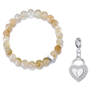 Faceted Yellow Quartz Gemstone Stretch Bracelet with Charm Created with Zircondia® Crystals