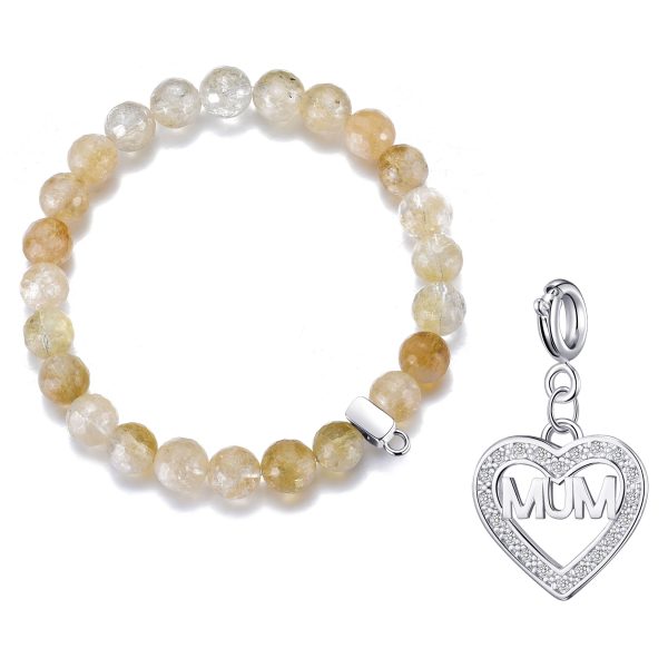 Faceted Yellow Quartz Gemstone Stretch Bracelet with Charm Created with Zircondia® Crystals