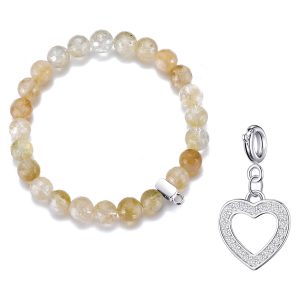 Faceted Yellow Quartz Gemstone Stretch Bracelet with Charm Created with Zircondia® Crystals