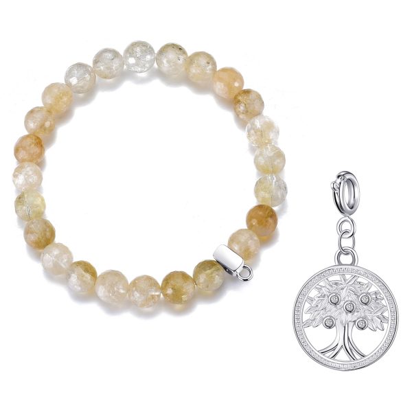 Faceted Yellow Quartz Gemstone Stretch Bracelet with Charm Created with Zircondia® Crystals