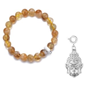 Yellow Quartz Gemstone Stretch Bracelet with Charm Created with Zircondia® Crystals