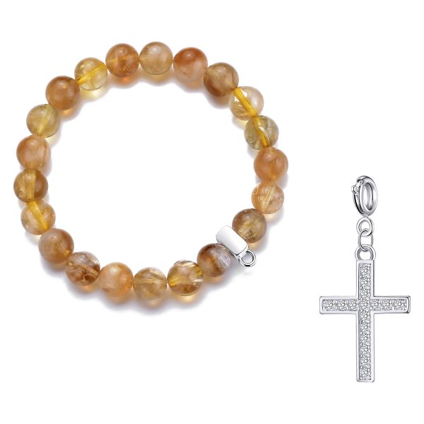 Yellow Quartz Gemstone Stretch Bracelet with Charm Created with Zircondia® Crystals