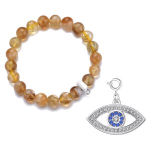 Yellow Quartz Gemstone Stretch Bracelet with Charm Created with Zircondia® Crystals