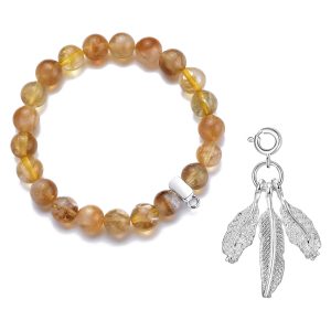 Yellow Quartz Gemstone Stretch Bracelet with Charm Created with Zircondia® Crystals