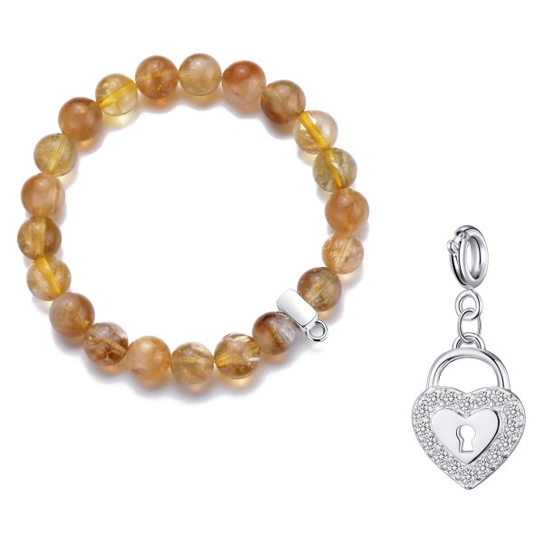 Yellow Quartz Gemstone Stretch Bracelet with Charm Created with Zircondia® Crystals