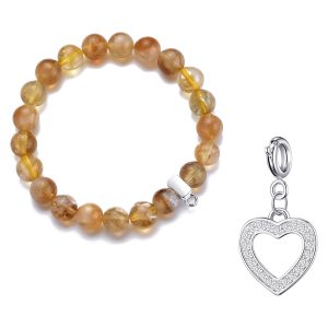 Yellow Quartz Gemstone Stretch Bracelet with Charm Created with Zircondia® Crystals