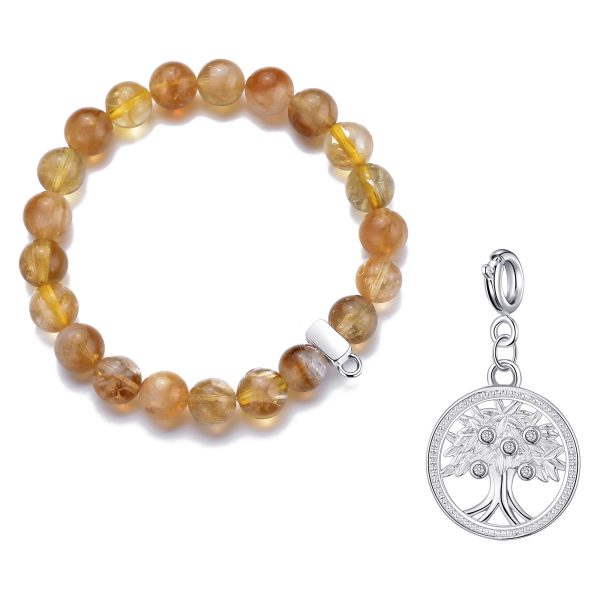 Yellow Quartz Gemstone Stretch Bracelet with Charm Created with Zircondia® Crystals