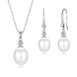 Sterling Silver White Pearl Drop Set Created with Zircondia® Crystals