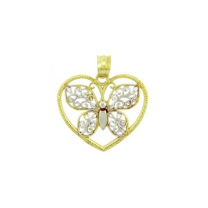 Butterfly & Heart Charm Pendant Necklace in 9ct Two-Tone Gold