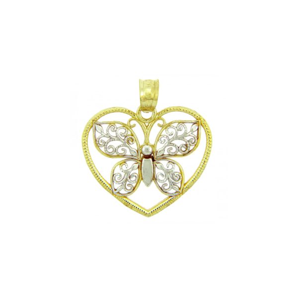 Butterfly & Heart Charm Pendant Necklace in 9ct Two-Tone Gold