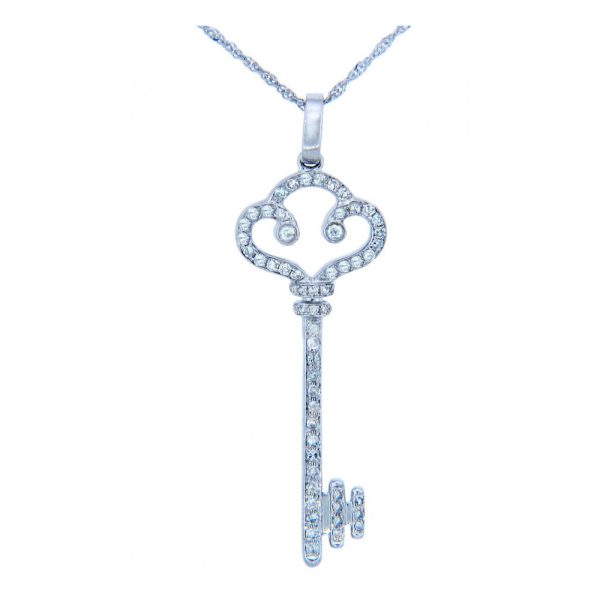 Diamond Valentine Old-Fashioned Key Pendant Necklace in 9ct White Gold