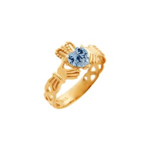 Blue CZ Claddagh Trinity Band Heart Ring in 9ct Gold