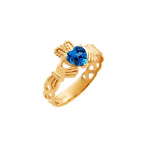 Blue CZ Claddagh Trinity Band Heart Ring in 9ct Gold