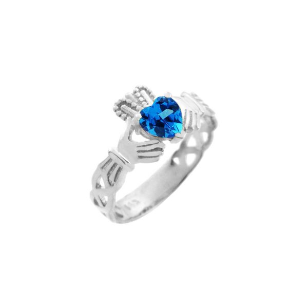 Blue CZ Trinity Band Heart Ring in 9ct White Gold