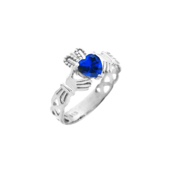 Blue CZ Trinity Band Heart Ring in 9ct White Gold