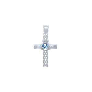 Blue CZ Celtic Cross Heart Pendant Necklace in Sterling Silver