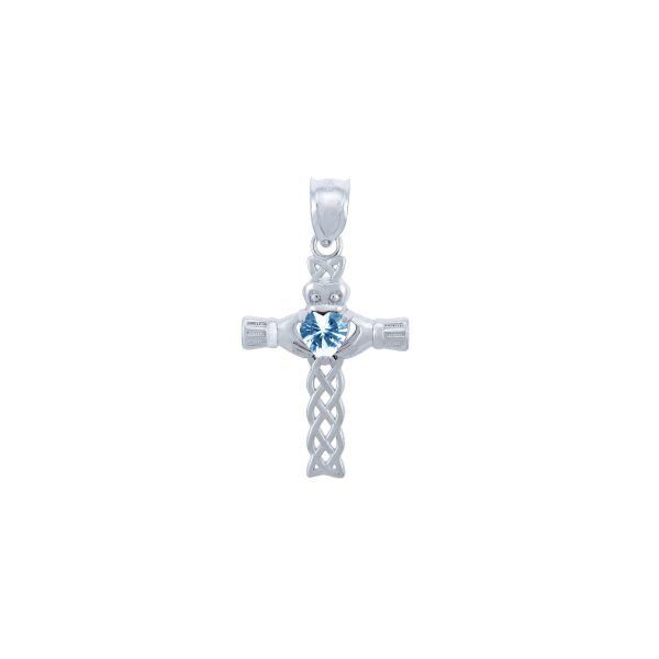 Blue CZ Celtic Cross Heart Pendant Necklace in Sterling Silver