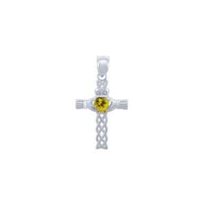 Yellow CZ Celtic Cross Heart Pendant Necklace in Sterling Silver