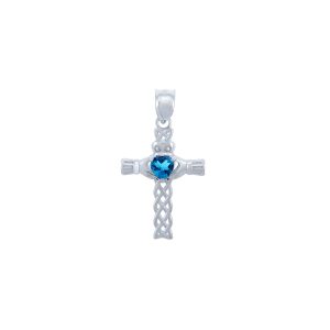 Blue CZ Celtic Cross Heart Pendant Necklace in Sterling Silver